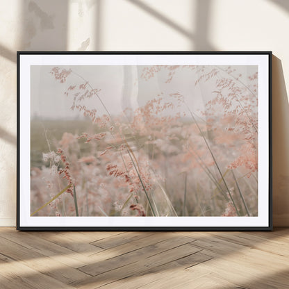 Soft pastel field with wild grasses in warm light, ideal for minimal nature or airy countryside-inspired interior wall decoration.