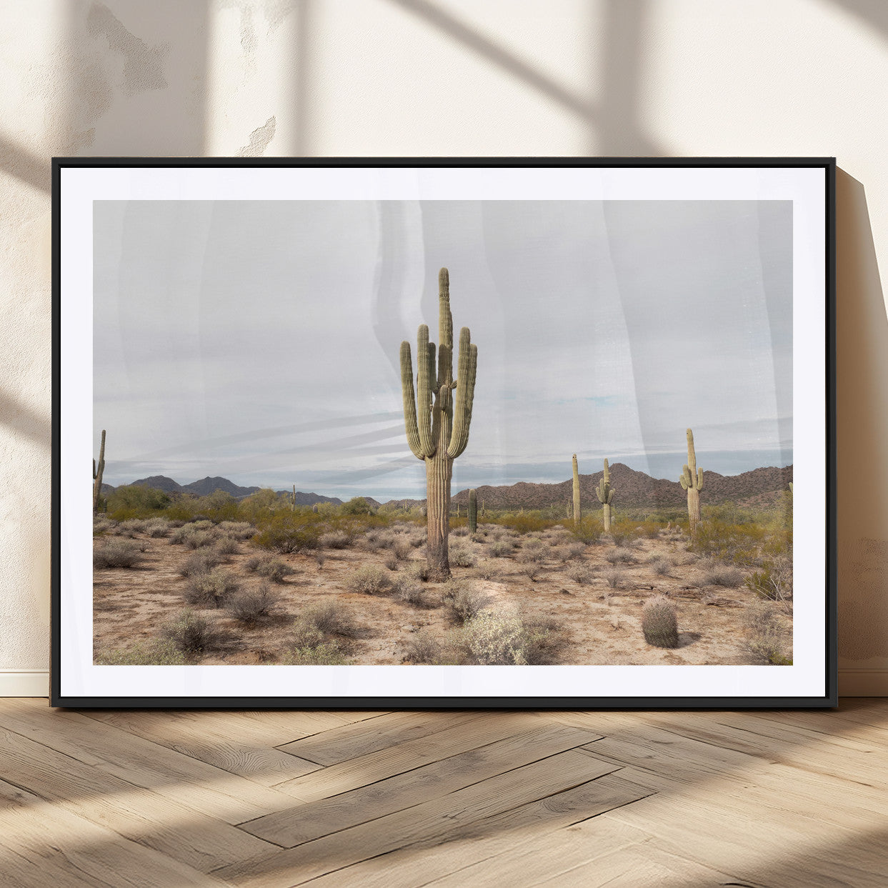 Canvas of a saguaro cactus in an earthy Sonoran desert landscape, ideal for Southwestern Boho or desert minimalism inspired home decor.   2/2