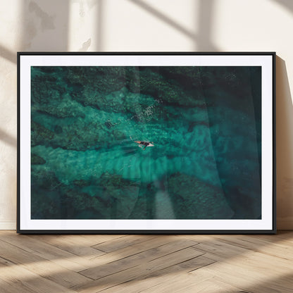 An aerial view of a solo surfer paddling through crystal-clear turquoise waters over a sunlit reef, capturing the beauty and serenity of open water surfing.