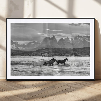 A black and white landscape of wild horses grazing in a vast grassland with towering mountains in the background, creating a moody and rustic western aesthetic.