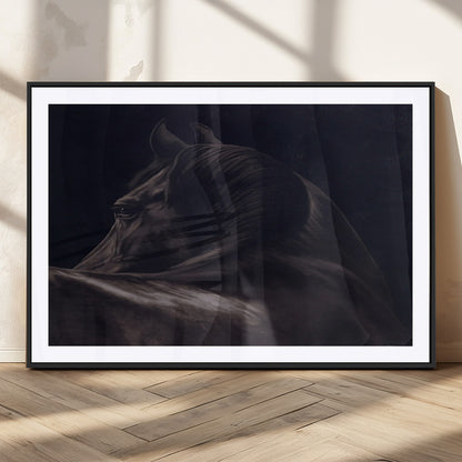 Close-up of a black horse with dramatic lighting on a dark background, perfect for rustic or masculine home decor.