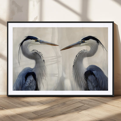 Two blue herons facing each other on a soft neutral background, ideal for coastal, tranquil, or nature-inspired minimalist interiors.