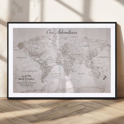 Customize Push Pin World Map Wall Canvas Print – Personalized Travel Map with Foam Pins – Framed Custom Quotie Canvas for Home Office Decor