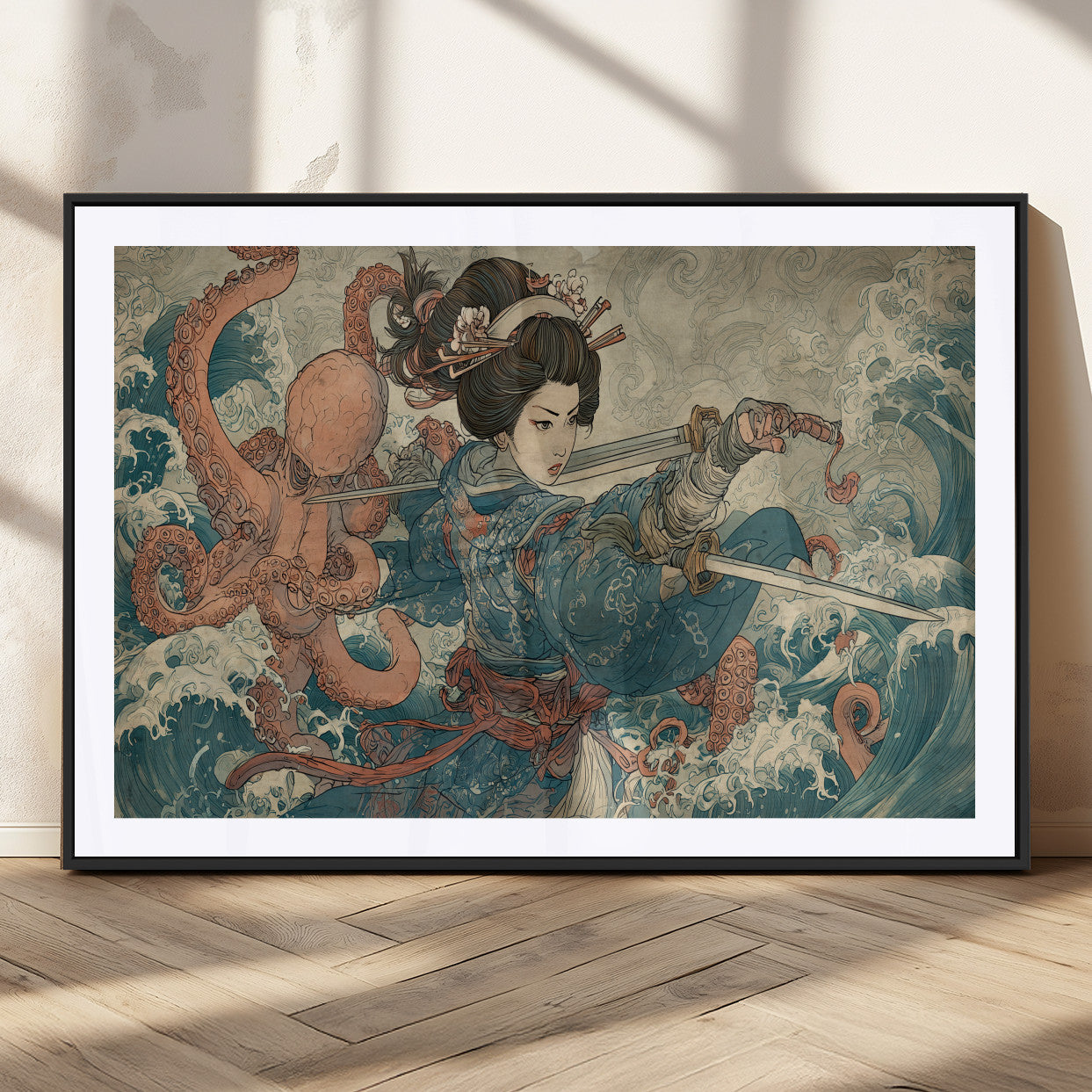 Tsukioka Yoshitoshi Samurai Wall Art Print, Japanese Katana Warrior Canvas Wall Art, Octopus Sea Monster Canvas Print,