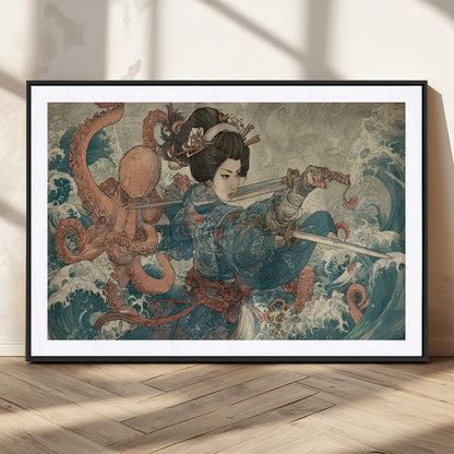 Tsukioka Yoshitoshi Samurai Wall Art Print, Japanese Katana Warrior Canvas Wall Art, Octopus Sea Monster Canvas Print,