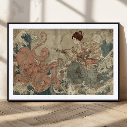 Tsukioka Yoshitoshi Samurai Wall Art Print, Japanese Katana Warrior Canvas Wall Art, Octopus Sea Monster Canvas Print,
