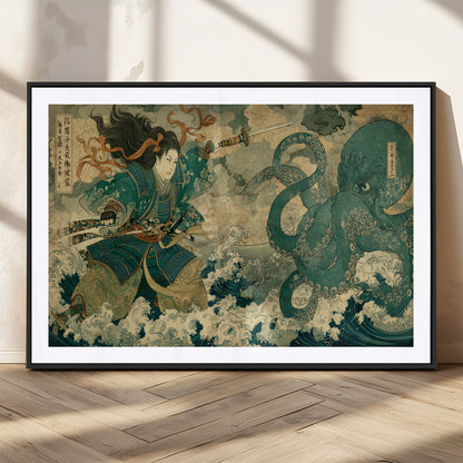 Tsukioka Yoshitoshi Samurai Wall Art Print, Japanese Katana Warrior Canvas Wall Art, Octopus Sea Monster Canvas Print,