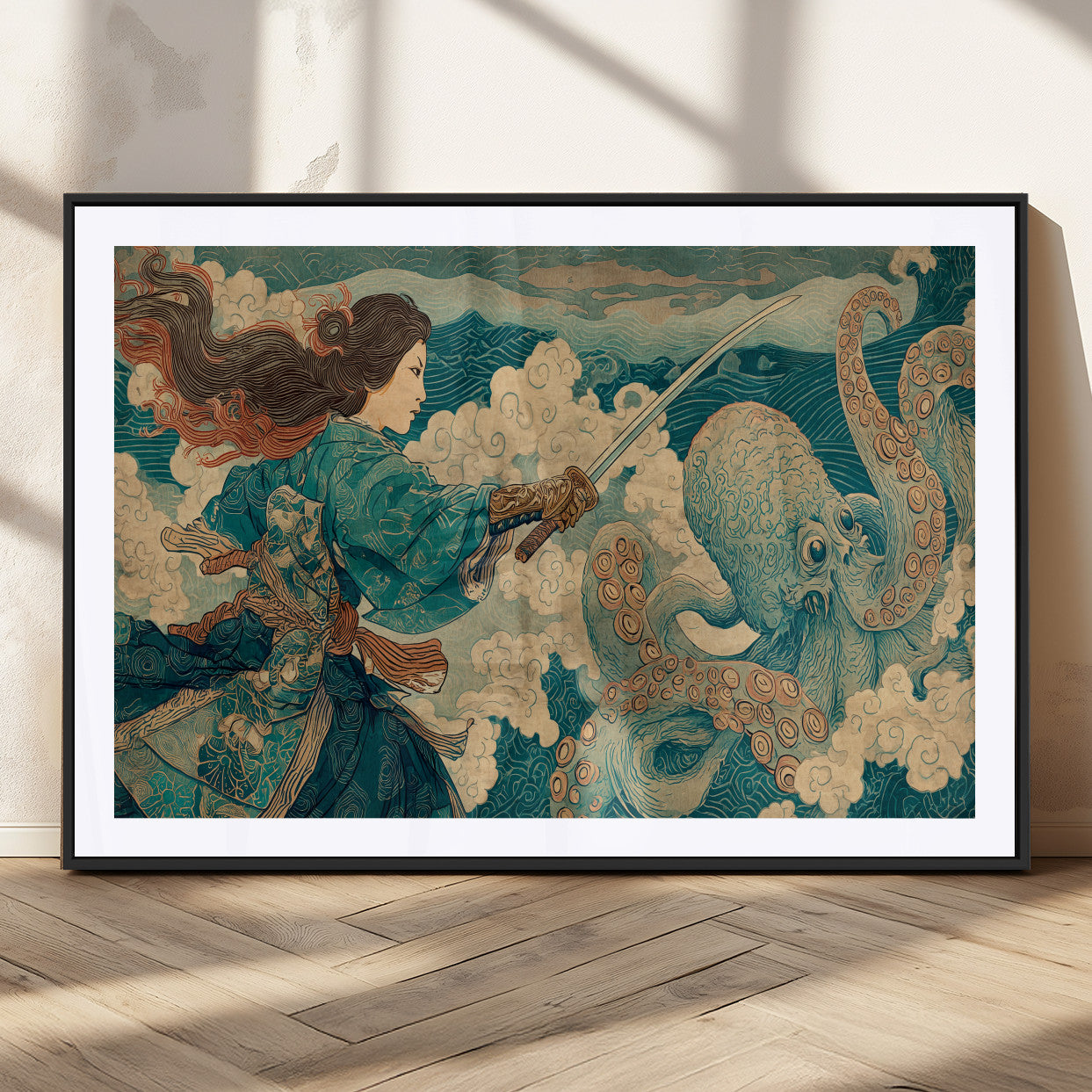 Tsukioka Yoshitoshi Samurai Wall Art Print, Japanese Katana Warrior Canvas Wall Art, Octopus Sea Monster Canvas Print,