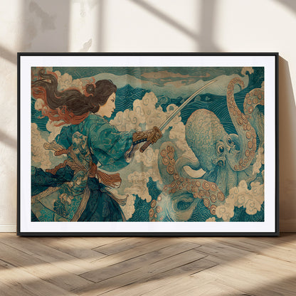 Tsukioka Yoshitoshi Samurai Wall Art Print, Japanese Katana Warrior Canvas Wall Art, Octopus Sea Monster Canvas Print,