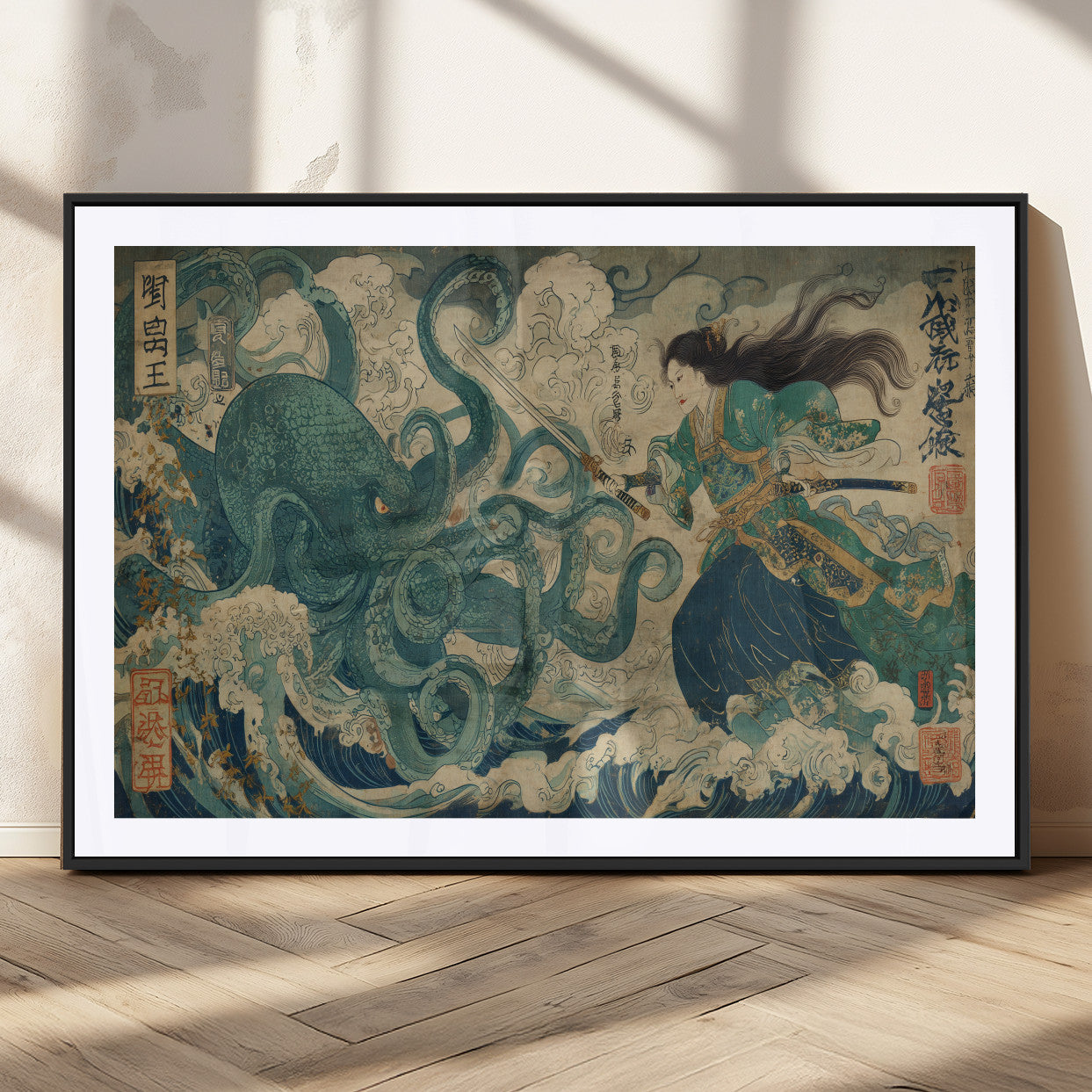 Tsukioka Yoshitoshi Samurai Wall Art Print, Japanese Katana Warrior Canvas Wall Art, Octopus Sea Monster Canvas Print,