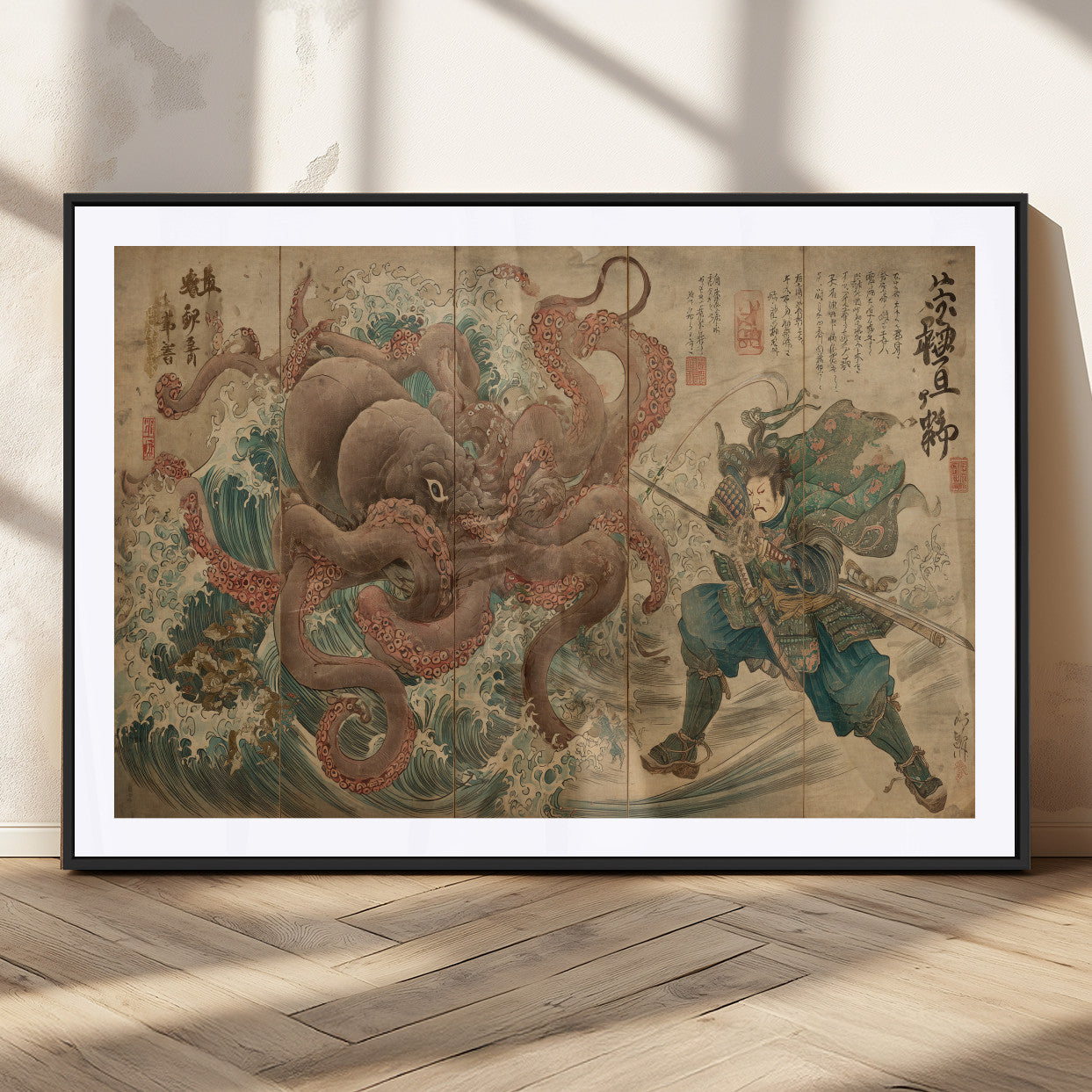 Tsukioka Yoshitoshi Samurai Wall Art Print, Japanese Katana Warrior Canvas Wall Art, Octopus Sea Monster Canvas Print,