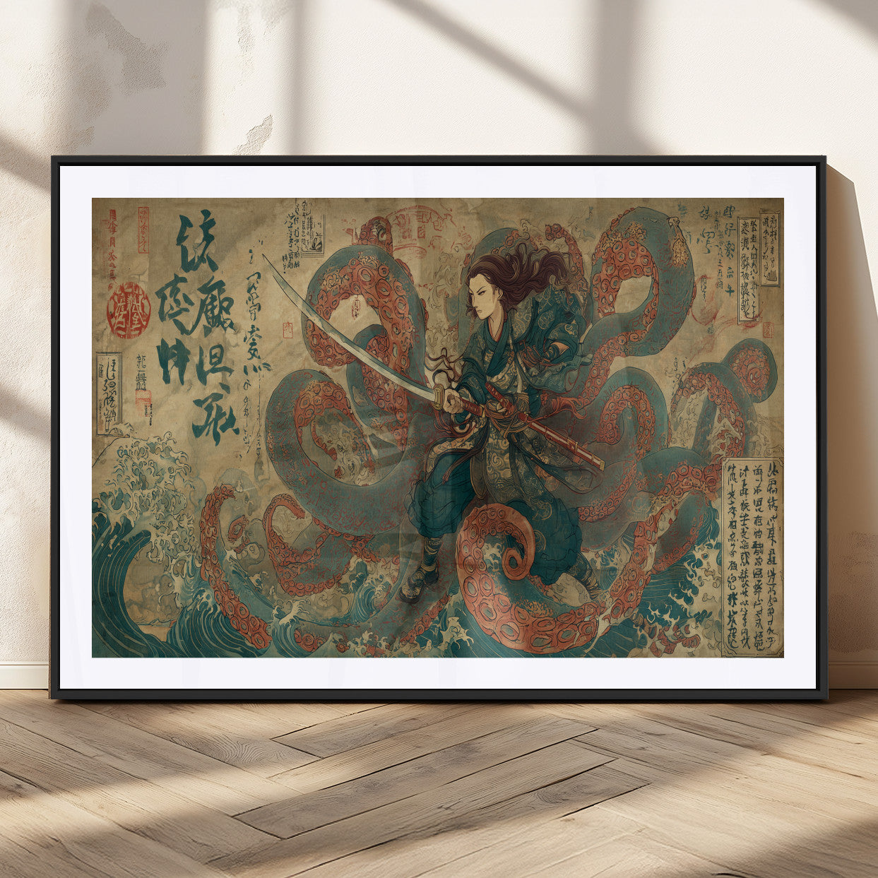 Tsukioka Yoshitoshi Samurai Wall Art Print, Japanese Katana Warrior Canvas Wall Art, Octopus Sea Monster Canvas Print,