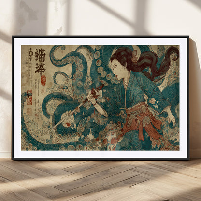 Tsukioka Yoshitoshi Samurai Wall Art Print, Japanese Katana Warrior Canvas Wall Art, Octopus Sea Monster Canvas Print,