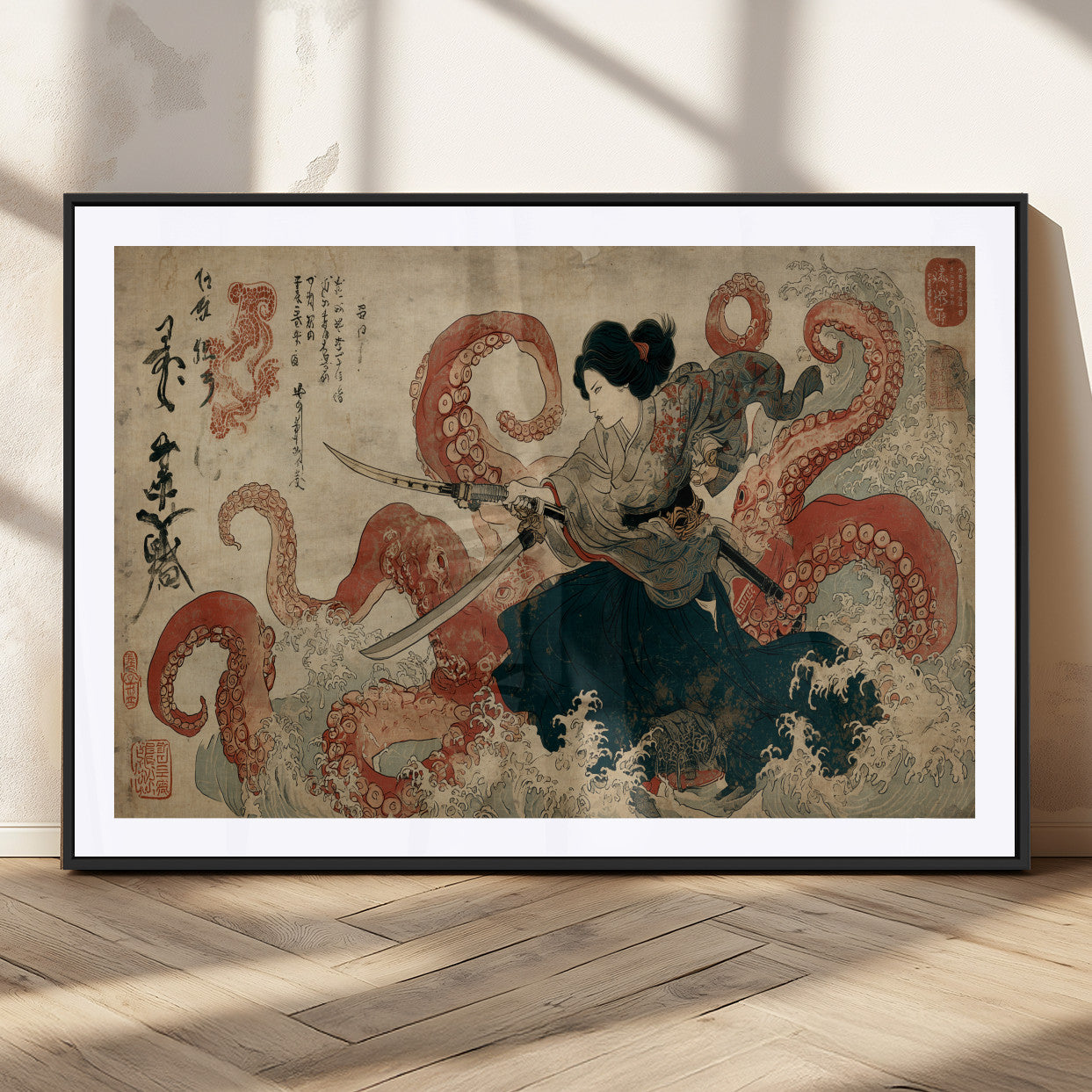 Tsukioka Yoshitoshi Samurai Wall Art Print, Japanese Katana Warrior Canvas Wall Art, Octopus Sea Monster Canvas Print,