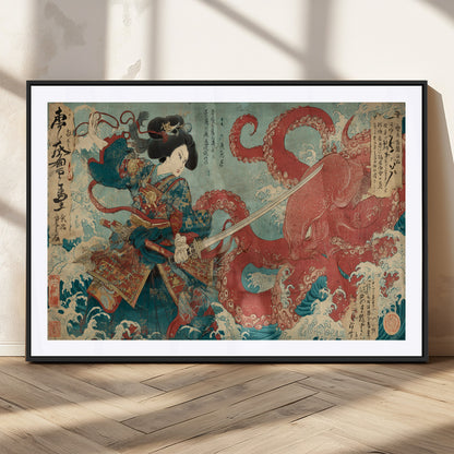 Tsukioka Yoshitoshi Samurai Wall Art Print, Japanese Katana Warrior Canvas Wall Art, Octopus Sea Monster Canvas Print,