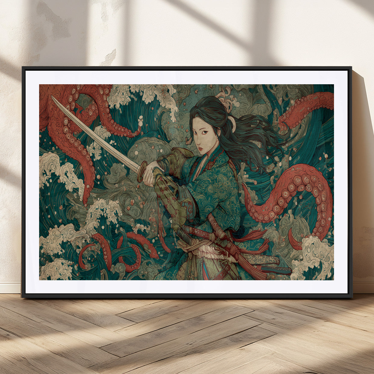 Tsukioka Yoshitoshi Samurai Wall Art Print, Japanese Katana Warrior Canvas Wall Art, Octopus Sea Monster Canvas Print,