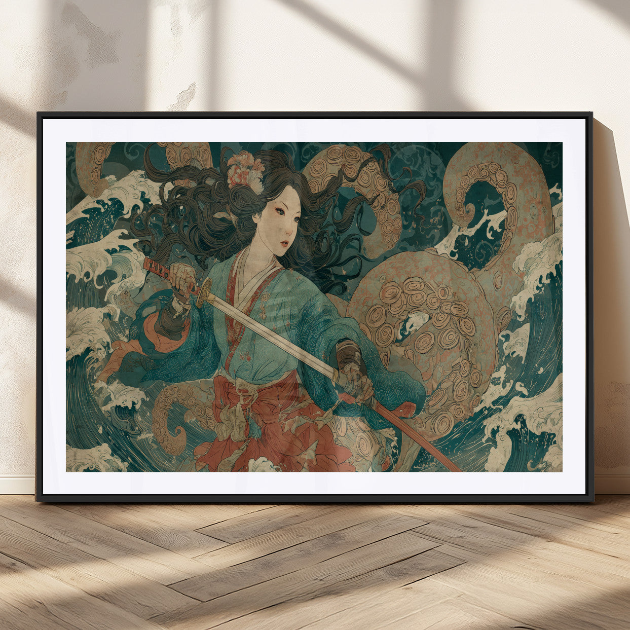 Tsukioka Yoshitoshi Samurai Wall Art Print, Japanese Katana Warrior Canvas Wall Art, Octopus Sea Monster Canvas Print,