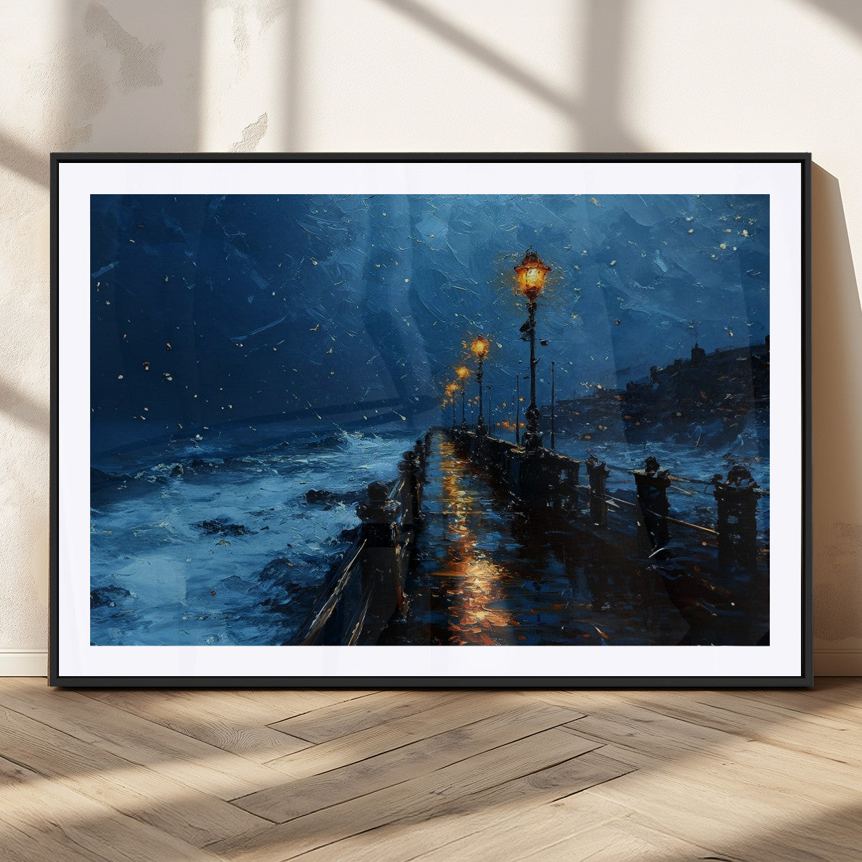 "Impressionistic painting of a rainy pier at night with glowing street lamps reflecting on the wet surface, ocean waves crashing under a dark blue sky."