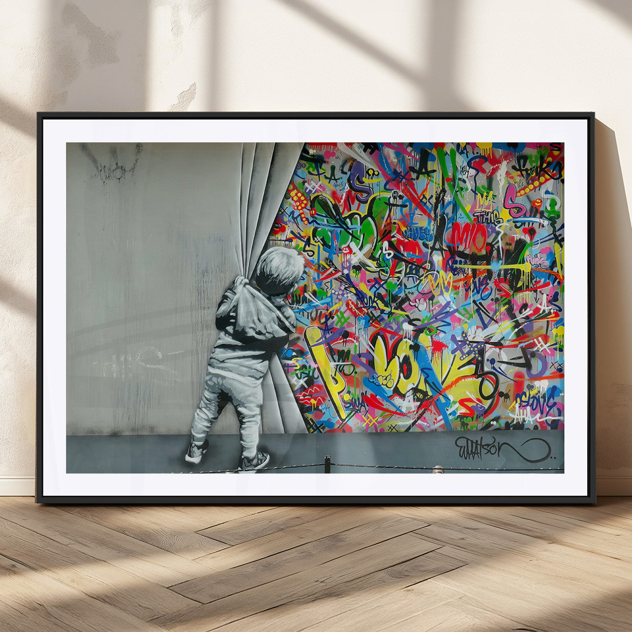 Canvas showing a child revealing a vibrant graffiti world behind a gray wall, ideal for bold and urban street-style decor.