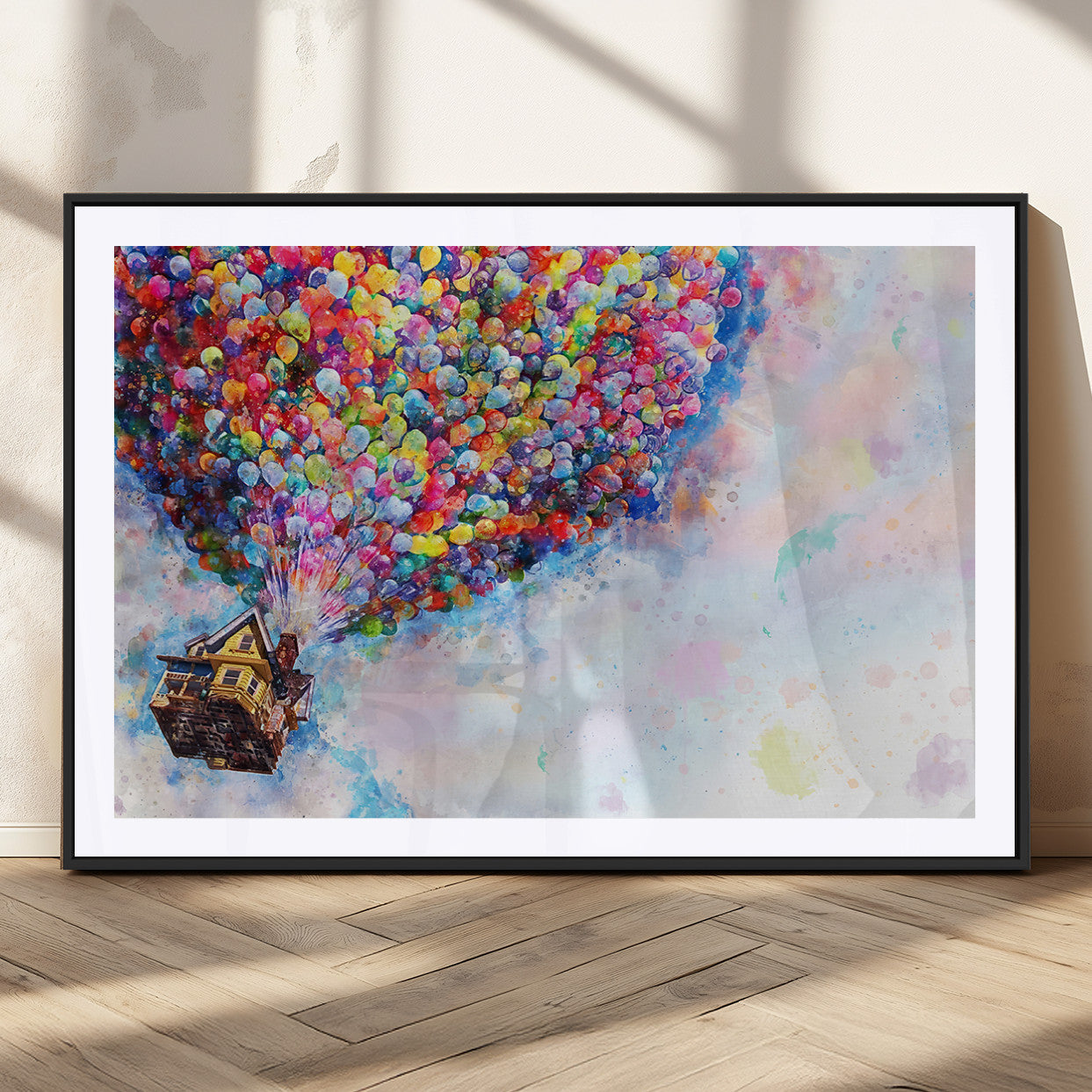 Whimsical canvas of the house from the movie Up flying with colorful balloons, ideal for Pixar or animation-themed decor.