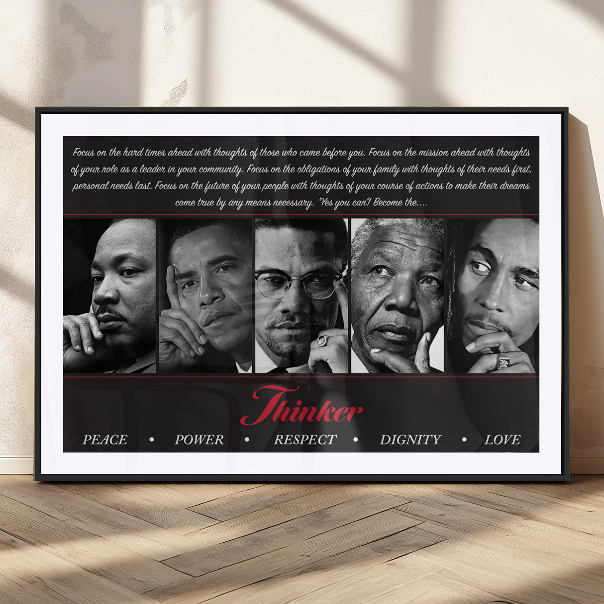 Monochrome canvas of iconic Black leaders with a powerful quote, perfect for modern spaces with a cultural or motivational theme.