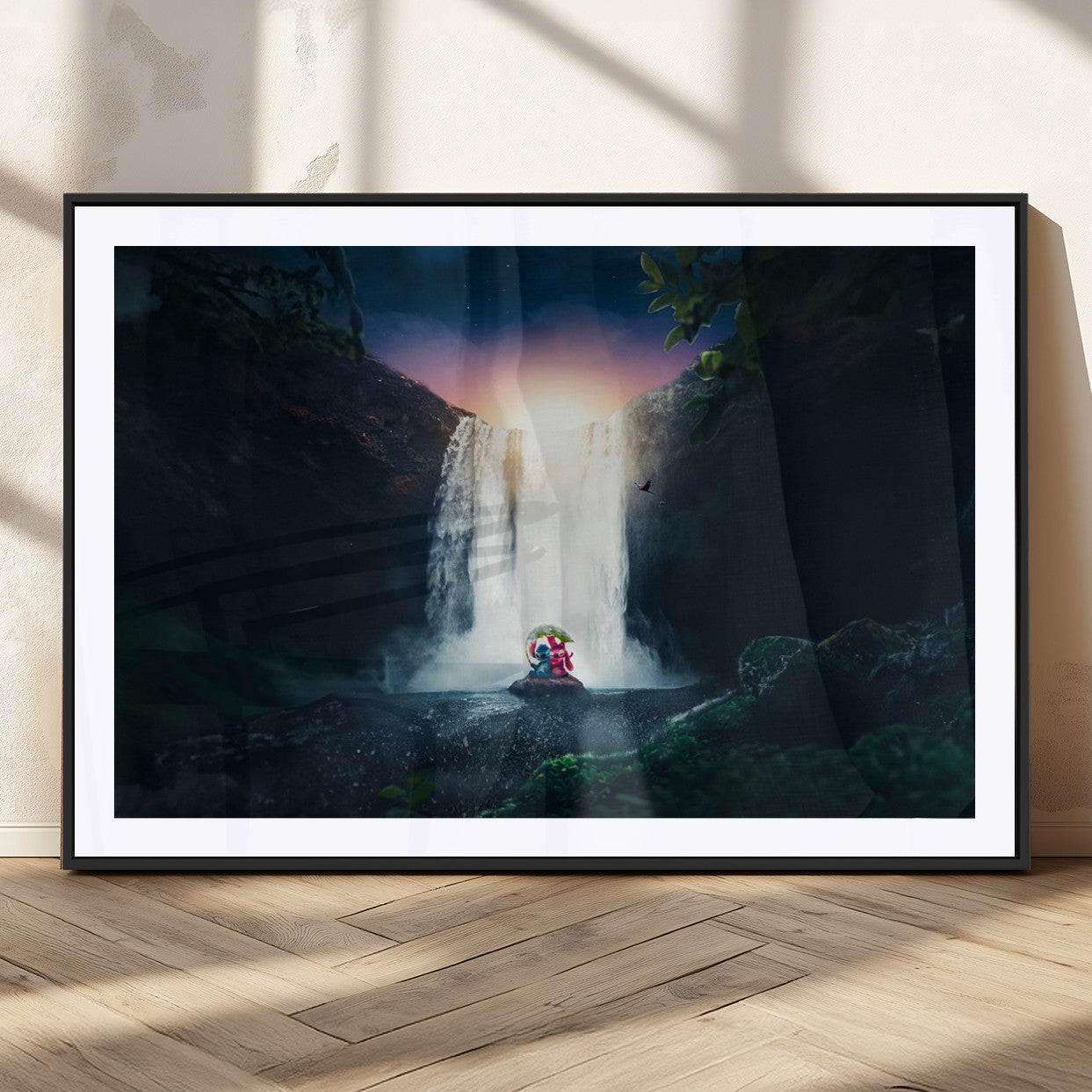 Romantic scene of Stitch and Angel sitting under a leaf in front of a glowing waterfall, ideal for tropical or fantasy-themed decor.