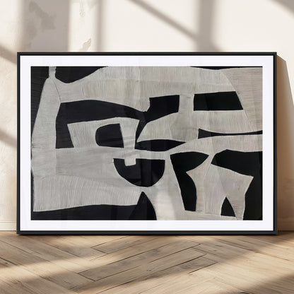 Minimalist black and white canvas featuring bold abstract textures and geometric shapes, ideal for modern neutral decor.