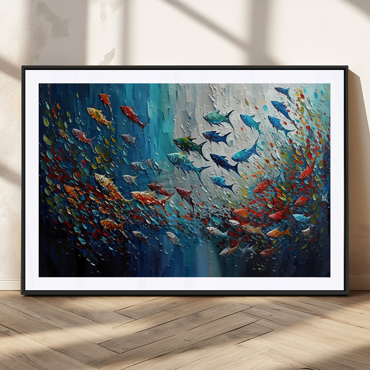 Colorful painting of fish swimming in abstract ocean swirls, perfect for vibrant marine-themed or expressive coastal home decor.