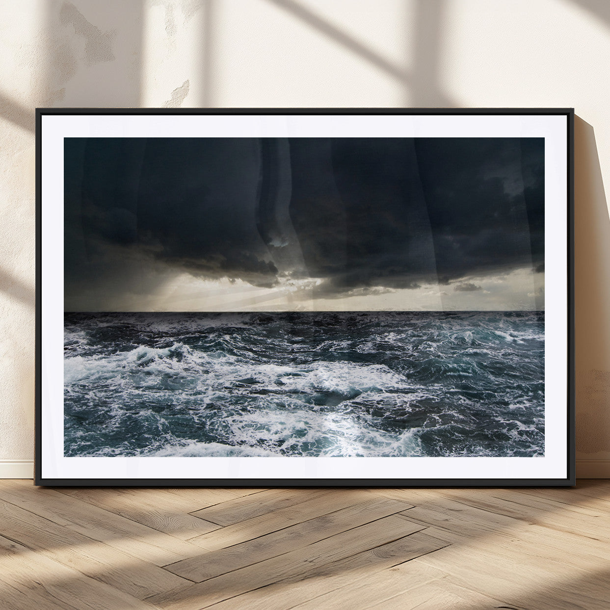 Moody ocean scene with stormy skies and crashing waves, perfect for dramatic or coastal-style home wall decor.