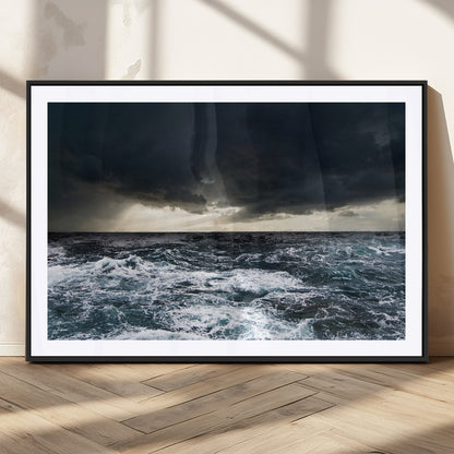 Moody ocean scene with stormy skies and crashing waves, perfect for dramatic or coastal-style home wall decor.
