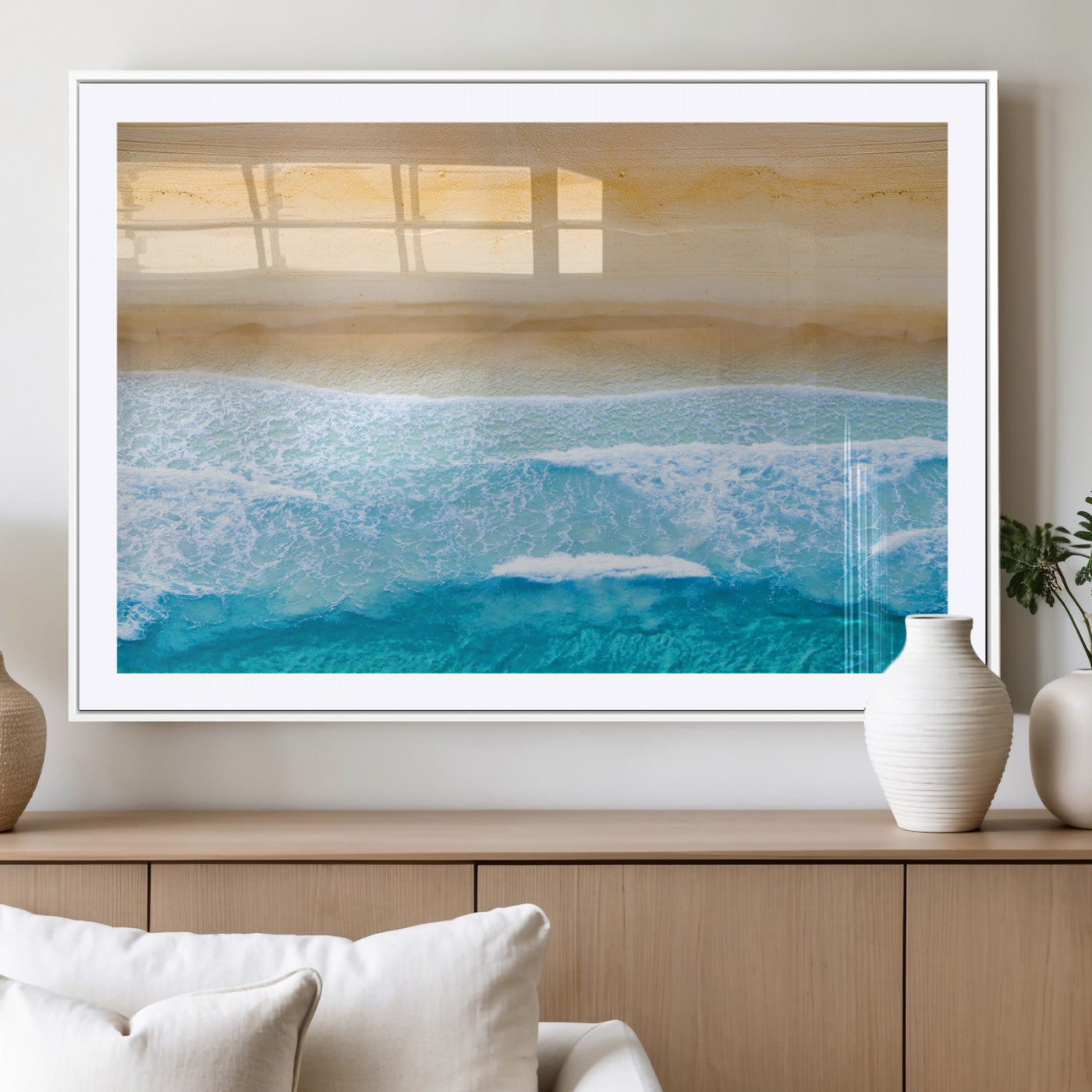 -Aerial Beach Wall Art – Serene Ocean Waves & Sandy Shore Canvas Print, Coastal Home Decor for Living Room, Bedroom or Office