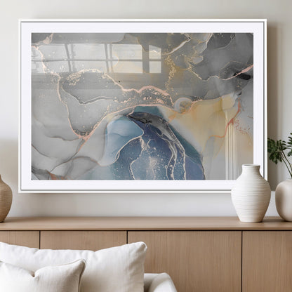 -Abstract Fluid Art Wall Decor – Blue, Gray & Gold Canvas Print, Modern Home and Office Wall Art Decor for Living Room, Bedroom or Workspace