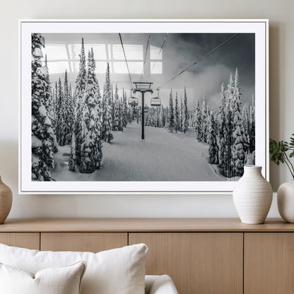 Canvas of a snowy ski lift scene through a forest of tall pine trees, ideal for moody winter or alpine-themed home decor.