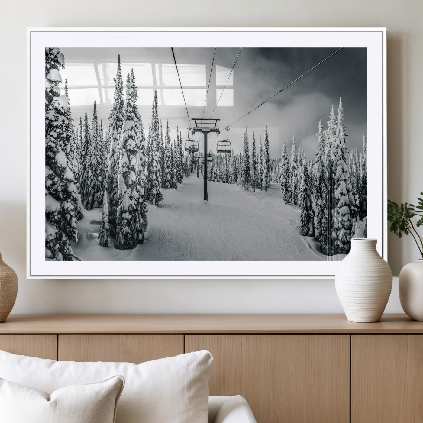 Canvas of a snowy ski lift scene through a forest of tall pine trees, ideal for moody winter or alpine-themed home decor.