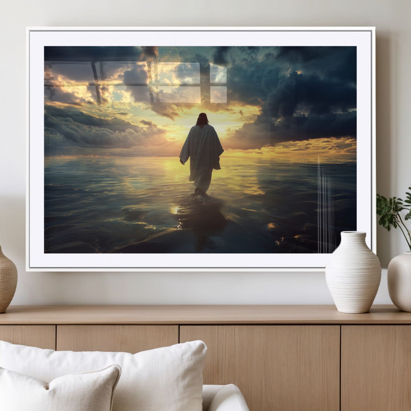 Spiritual artwork of Jesus walking on water at golden hour with divine light, ideal for Christian home decor or prayer room.