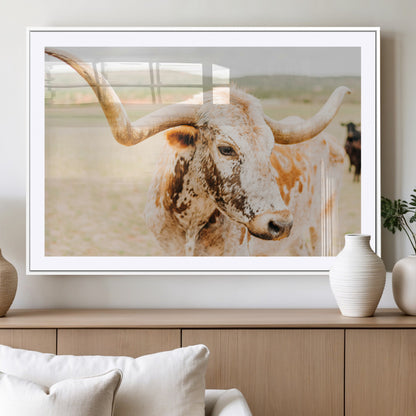 Close-up of a speckled Texas Longhorn in warm prairie tones, perfect for rustic western or countryside-themed room decor.