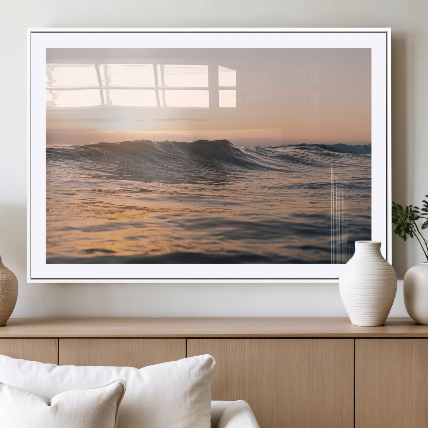 Framed canvas of ocean waves glowing in sunset light, ideal for golden hour calm or peaceful coastal-inspired wall decor.
