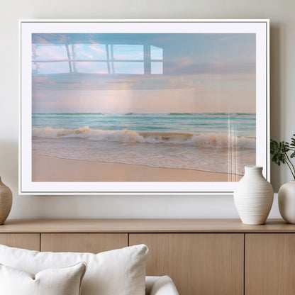 Pastel-toned ocean waves under soft sunset skies, ideal for pastel coastal or serene beach-style home decor.