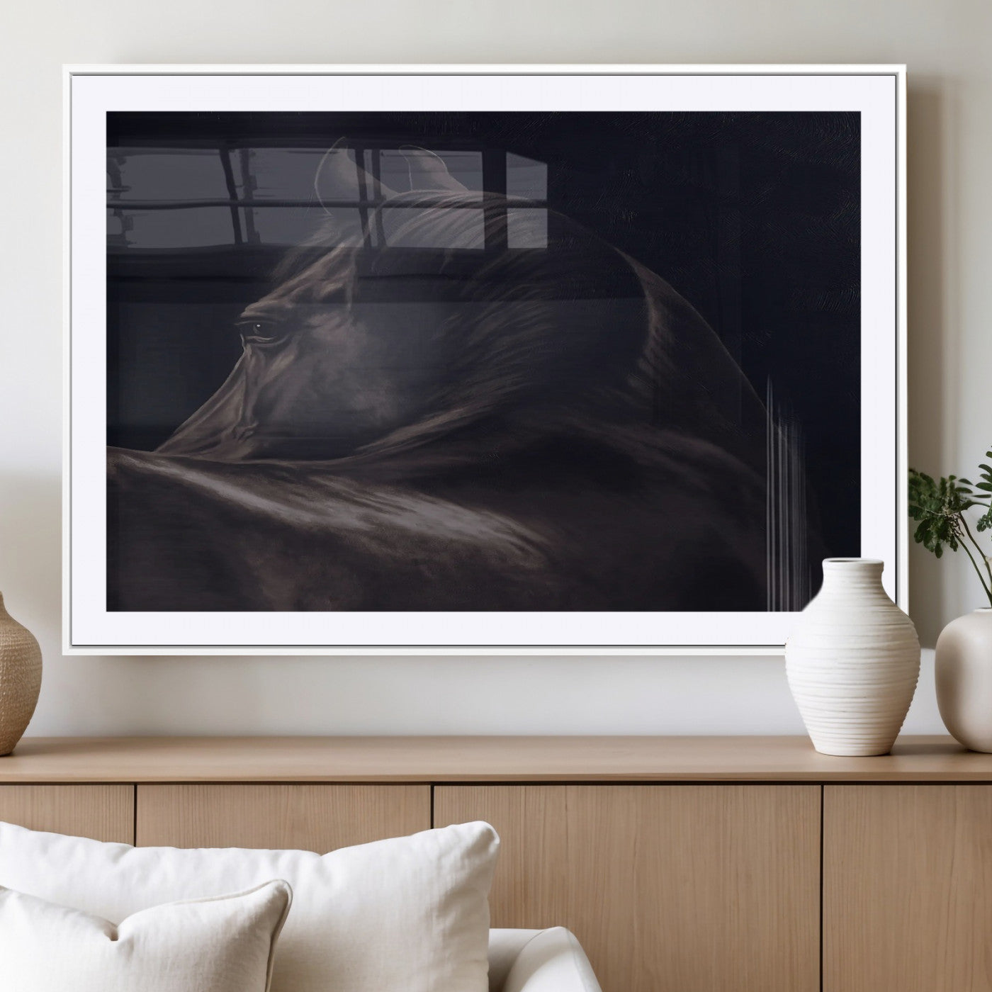 Close-up of a black horse with dramatic lighting on a dark background, perfect for rustic or masculine home decor.