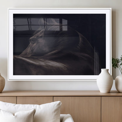 Close-up of a black horse with dramatic lighting on a dark background, perfect for rustic or masculine home decor.