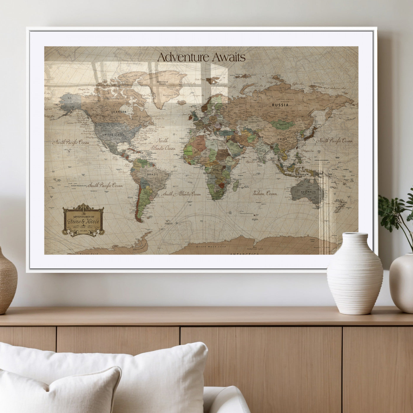Custom Push Pin World Map Wall Canvas Print – Personalized Travel Tracker with Pins – Framed Custom Quotie Canvas for Home Office Decor
