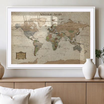 Custom Push Pin World Map Wall Canvas Print – Personalized Travel Tracker with Pins – Framed Custom Quotie Canvas for Home Office Decor
