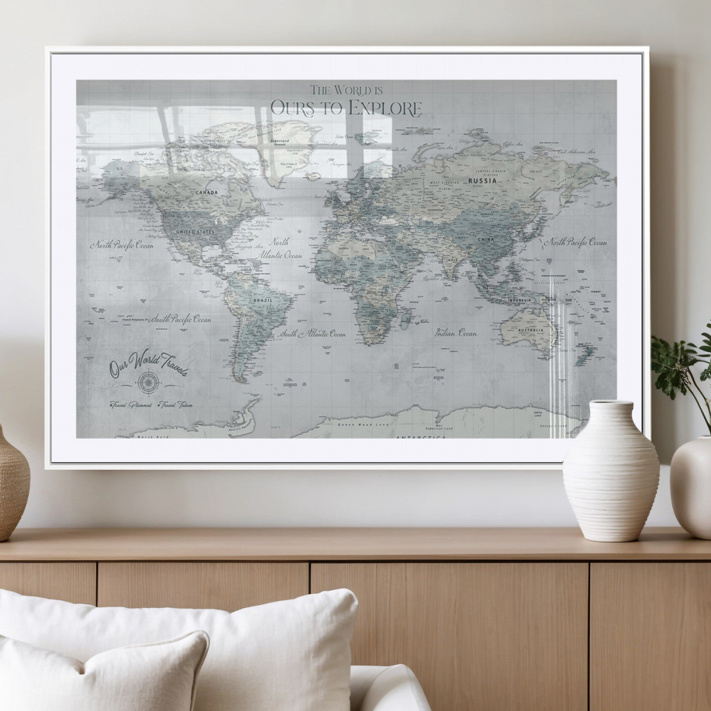 Custom Push Pin World Map Wall Canvas Print – Personalized Travel Tracker with Pins – Framed Custom Quotie Canvas for Home Office Decor