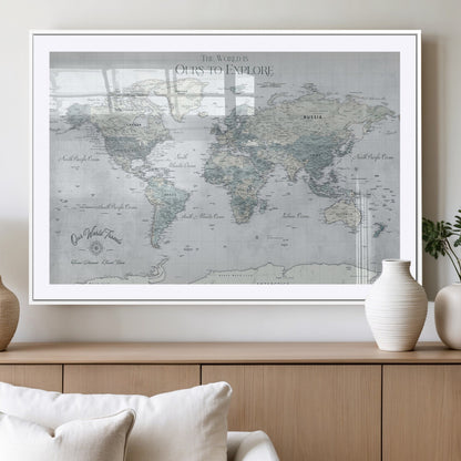 Custom Push Pin World Map Wall Canvas Print – Personalized Travel Tracker with Pins – Framed Custom Quotie Canvas for Home Office Decor