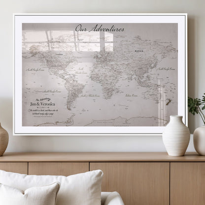 Customize Push Pin World Map Wall Canvas Print – Personalized Travel Map with Foam Pins – Framed Custom Quotie Canvas for Home Office Decor