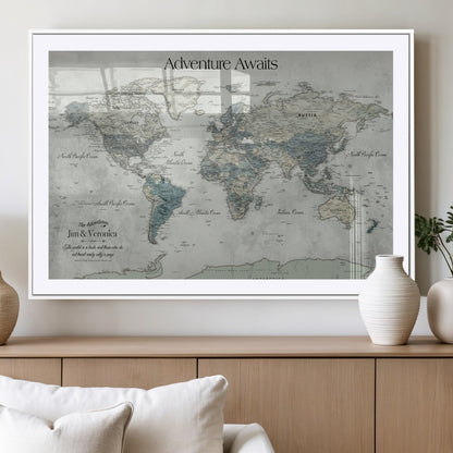 Customize Push Pin World Map Wall Canvas Print – Personalized Travel Tracker with Pins – Framed Custom Quotie Canvas for Home Office Decor