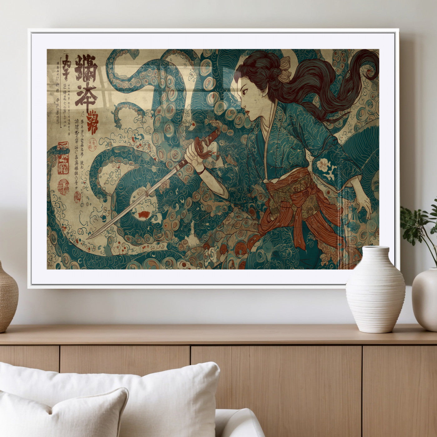 Tsukioka Yoshitoshi Samurai Wall Art Print, Japanese Katana Warrior Canvas Wall Art, Octopus Sea Monster Canvas Print,