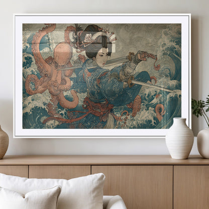 Tsukioka Yoshitoshi Samurai Wall Art Print, Japanese Katana Warrior Canvas Wall Art, Octopus Sea Monster Canvas Print,