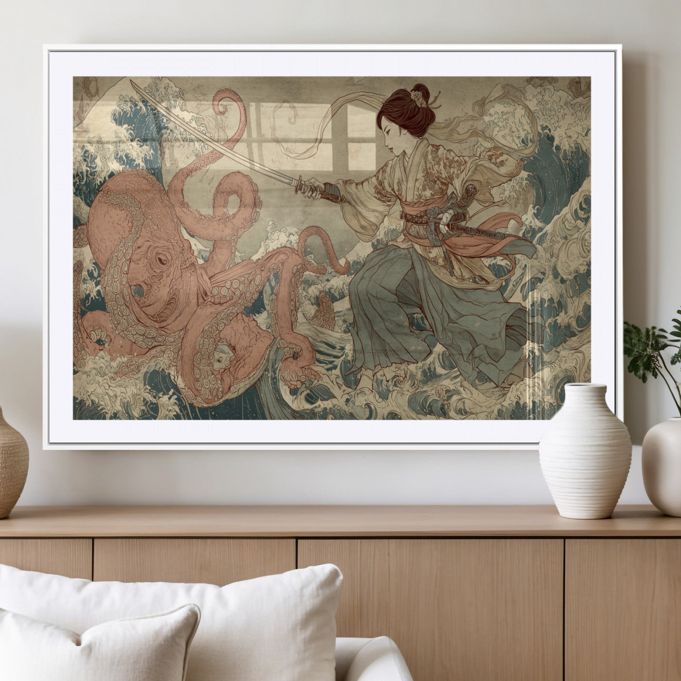 Tsukioka Yoshitoshi Samurai Wall Art Print, Japanese Katana Warrior Canvas Wall Art, Octopus Sea Monster Canvas Print,