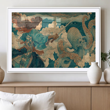 Tsukioka Yoshitoshi Samurai Wall Art Print, Japanese Katana Warrior Canvas Wall Art, Octopus Sea Monster Canvas Print,